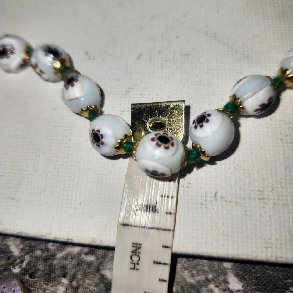 Vintage Venetian Murano Millefiori Glass Bead Necklace White Floral Hand Knotted - Picture 4 of 11